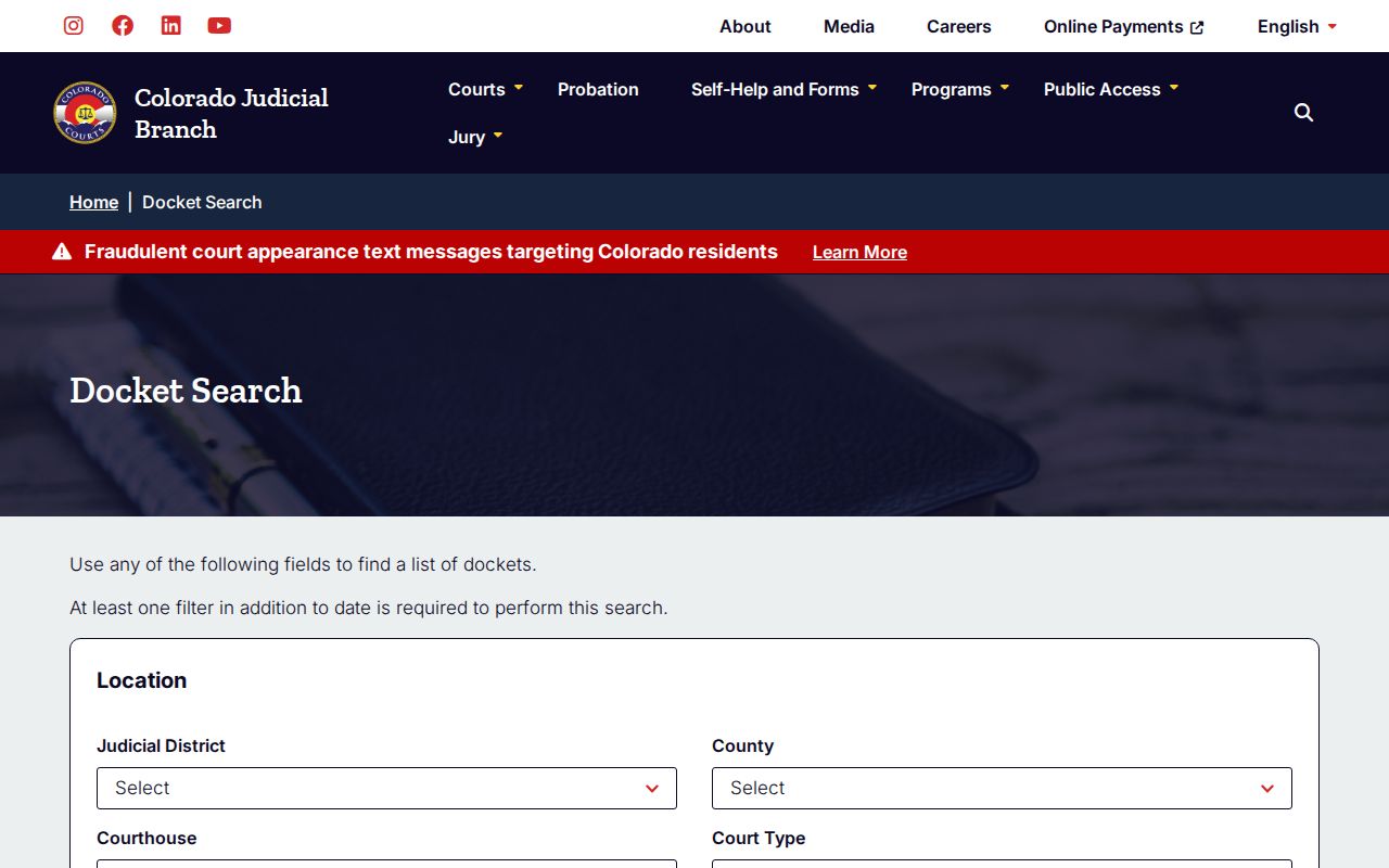 Broomfield County warrant records state docket search interface
